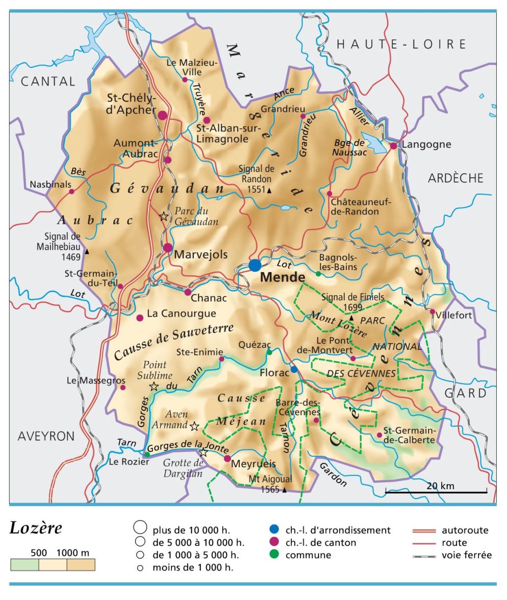 département lozère carte avec les villes